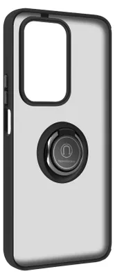 A black and transparent phone case with a ring holder is shown against a light gray background.