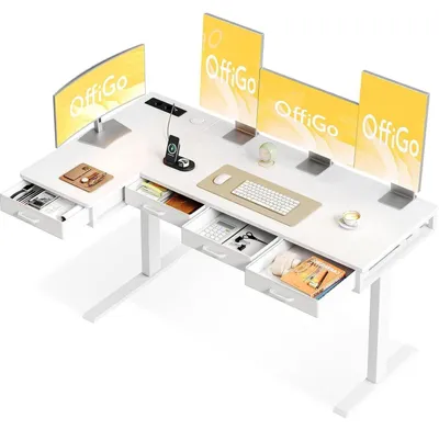 Productafbeelding van Bureau, verstelbaar in hoogte, L-vormig, 160x80 cm, wit, met 4 lades en een stopcontact