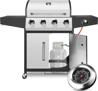 Obrázek produktu pro Plynový gril BBQ 5 v 1 - stříbrný - 4,1 hořáků s bočním grilem - termostat a odkapávací miska na olej