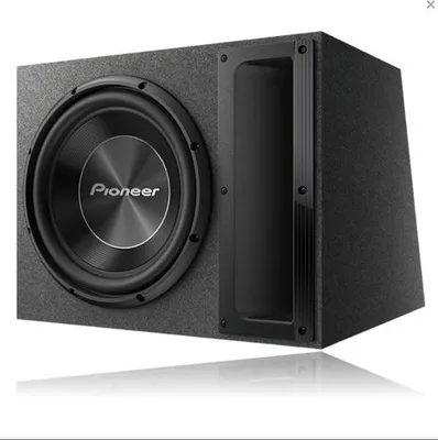 A studio shot of a Pioneer subwoofer in a black enclosure, presented on a white background with a subtle reflection.