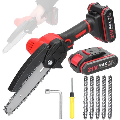 Obrázok produktu pre Reťazová píla batéria 6 palcov 21V elektrická reťazová píla s 2*batériou, 5*reťazami, nabíjačkou, kefovým motorom na záhradné prerezávanie stromov rezanie dreva, červená