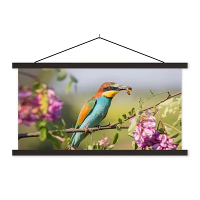 Produktbild von MuchoWow® Textilposter Vogel - Bienenfresser - Blumen 150x75 cm mit schwarzem Rahmen - Posterleiste