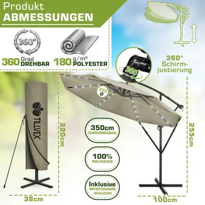 Obrázok produktu pre tillvex hliníkový konzolový slnečník hnedý LED solárny Ø 350 cm s kľukou | slnečník s vypínačom | záhradný slnečník UV ochrana hliník | slnečník na kľuku so stojanom trhový slnečník vodotesný