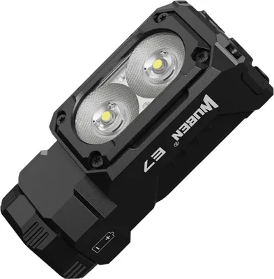 A black WUBEN E7 LED flashlight is shown against a white background.