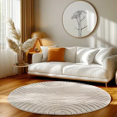 Produktbild von Homebyhome Hochflor Teppich Wohnzimmer Skandinavische Boho Design 3D Optik Teppich Shaggy Flauschig Weich, Grösse: 80 cm Rund
