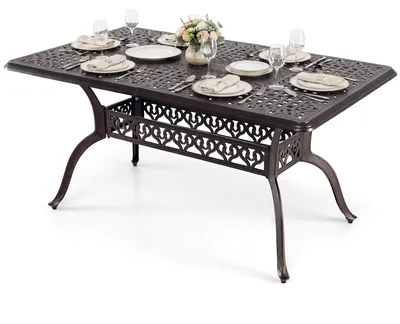Immagine prodotto di Tavolo da giardino in alluminio pressofuso, tavolo da esterno con piedini regolabili e foro per ombrellone da 5 cm, tavolo da terrazza con struttura in metallo robusta, tavolo da pranzo per giardino, terrazza o cortile, dimensioni 150 x 90 x 73 cm