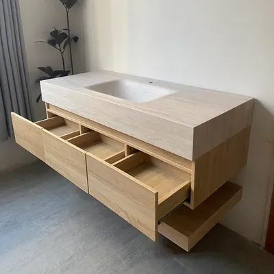 Produktbild von Wandhängendes Badmöbel-Set Travertin-Look mit Sinterstein Waschbecken Spiegel Unterschrank Ablage mit Armaturloch 100×55 cm【YT9865-100 K】