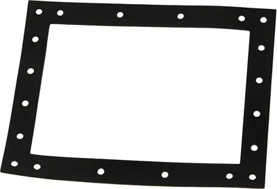 A black rubber gasket with multiple holes around the perimeter, isolated on a white background.