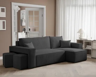 Produktbild von Idohome–Moderne Ecksofa PARIS mit Hockern mit Schlaffunktion, L-förmigen, Universale Couch, Bettcouch - Farbe: Schwarz Poso 135