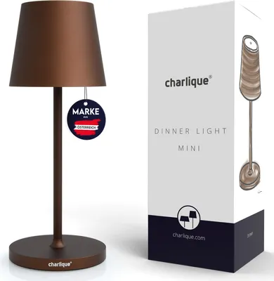 Produktbild von charlique® LED Akku Tischlampe mini (braun) - Dinner Light 28 cm - kabellose Tischleuchte mit USB, für innen und außen, warmes Licht