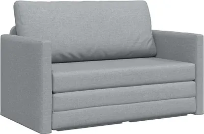 A light gray fabric sofa bed is shown from the front.