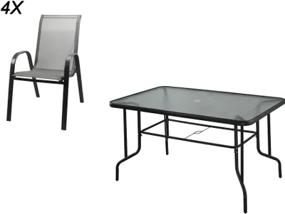 Image de ensemble de jardin acier/textile/verre table + 4 chaises NOIR