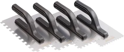 Produktbild von Mivos Zahnglättekellen-Set 4-tlg - Edelstahl Zahnkelle 6x6 8x8 10x10 12x12 mm - Gezahnt Glättekelle 270 x 130 mit Kunststoffgriff - Rostfreie Kelle