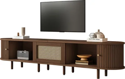 Produktbild von TV-Staender 180 x 40 x 40 cm Eiche Ovaler in Nussbaum dunkel Rattan-Design 180 cm MDF-Design verstellbare Fuesse 30 kg Belastbarkeit