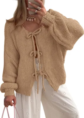 Produktbild von ASKSA Damen Strickjacke Schleife Vorne Strick Cardigan Strickpullover Puffaermel Herbst Winter Open Front Pullover Locker Outwear (Khaki,L)