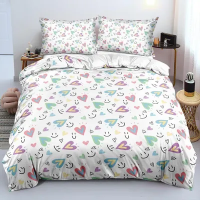 Produktbild von Bettwäsche-Set 155x220 cm Mädchen Weiß Bunt Herzen 3-teilig Mikrofaser mit Reißverschluss