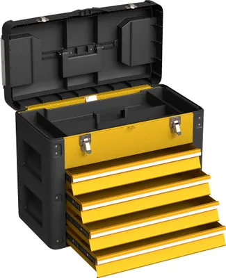 Produktbild von Werkzeugkiste leer, 49,7 x 25,3 x 40,7 cm Werkzeugkasten mit 4 Schubladen, Mini-Box Stahl Gelb