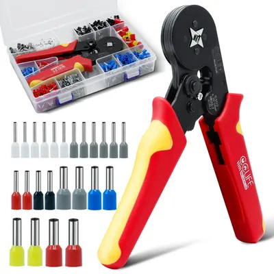 A set of crimping tools and wire ferrules is displayed.