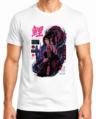 Imagen del producto de Camiseta para hombre, estilo manga, con diseño de "Koi Syndicate", con una chica anime, temática japonesa, estilo Y2K, color blanco, talla L