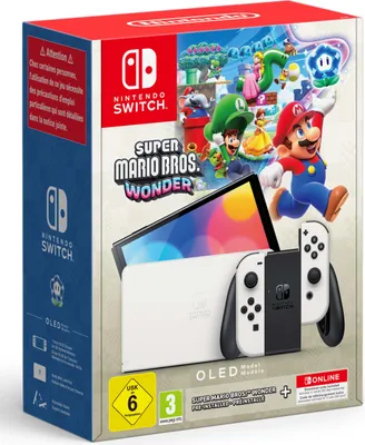 Produktbild von Nintendo Switch Konsole OLED Weiß Super Mario Bros. Won.  inkl. Super Mario Bros. Wonder (vorinstalliert.) + 12 Monate