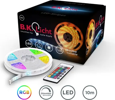 Immagine prodotto di B.K.Licht Striscia LED di 10 metri, Nastro luminoso con cambiamento di colore regolabile da telecomando, striscia luminosa autoadesiva e accorciabile, con alimentatore, IP20