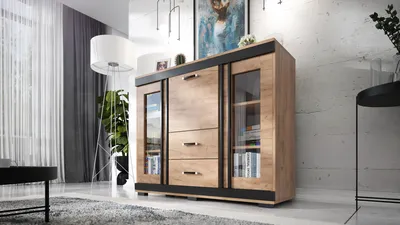 Produktbild von Kombikommode L13, 2 Vitrinentüren, 2 Schubkästen, Barschrank, B130xH106xT43 cm, komplett vormontiert - Goldene Eiche mit Wenge-Leisten