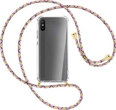Produktbild von Handykette Backcover-Schutzhülle mit Band (Metall goldfarben) für Xiaomi Redmi 9A - rosa Karo