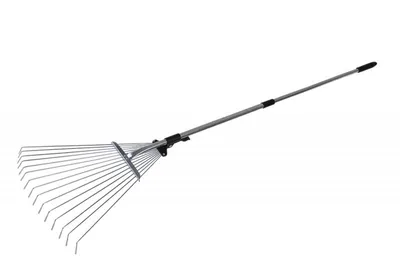 Produktbild von Metall-Harke mit Teleskopstiel, verstellbarem Klingenabstand und Metall-Clip-Verschluss