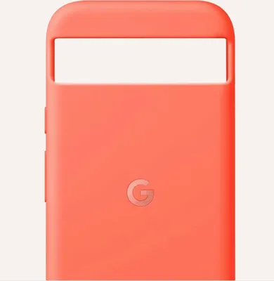 A close-up of a coral-colored phone case with a Google logo.