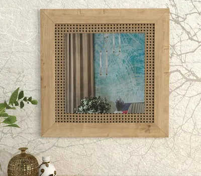 Image de Chambre à coucher Miroir Surface vitrée Marron élégant Carré bois clair