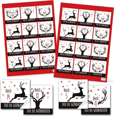 Produktbild von 24 Zahlenaufkleber DIY Adventskalender 6 cm schwarz weiß Hirschen