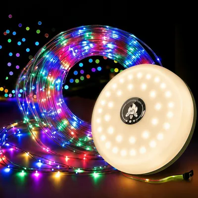 Produktbild von 3-in-1 RGB Lichterketten Aufrollbar Campingausrüs,5 Leuchtmodi,Tragbare LED Campinglampe,USB wiederaufladbar Campingleuchte,außen 10m