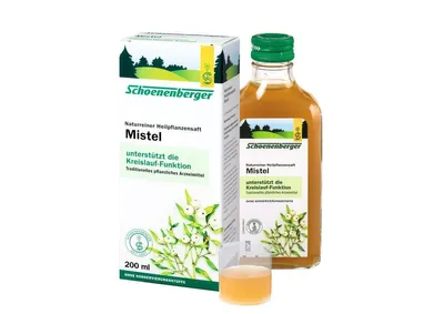 A bottle of Schoenenberger Mistel juice and its packaging are displayed against a white background.