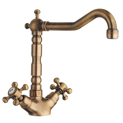 A close-up studio shot of a bronze kitchen faucet.