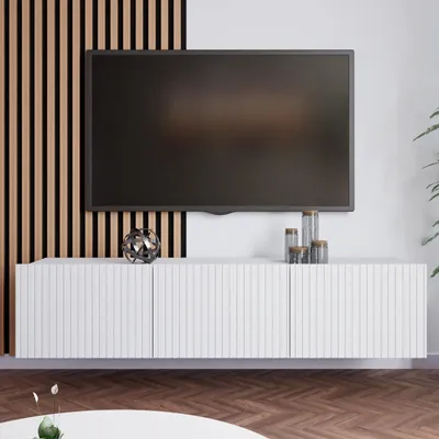 Produktbild von BEAUTYSOFA | TV-Schrank KAVELL 150 cm geriffelte Fronten, hängend/stehend, Fernseherschrank mit 3 Türen, Weiß