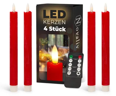 Produktbild von Stabkerzen LED mit Timer ROT 4 Stück ROT indoor - 6 Stunden - ECHTWACHS 23cm Höhe für Kerzen 2,2cm Durchmesser 2 AAA Batterien notwendig LED Stabkerzen flackernde Flamme bewegliche Flamme Licht