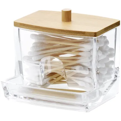 Produktbild von Navaris Wattestäbchen Behälter - Wattestäbchen Spender - Ohrenstäbchen Aufbewahrung mit Bambus Deckel - Ohrstäbchen Organizer - transparent