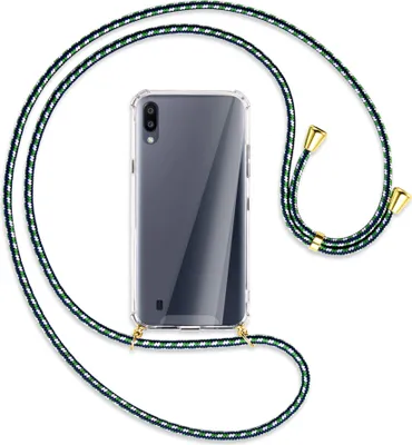 Produktbild von Handykette Backcover-Schutzhülle mit Band (Metall goldfarben) für Samsung Galaxy A10 - grün/blau/weiß