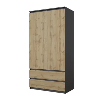 Zdjęcie produktu dla Szafa JOELLE Antracyt / Dąb Wotan – Szafa do Sypialni 2-drzwiowa z 2 Szufladami, Szafa Ubraniowa H180 cm B90 cm T50 cm