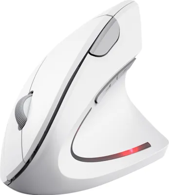 A white vertical computer mouse is shown against a white background.