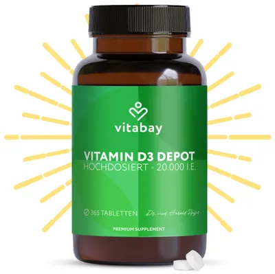 Produktbild von Vitabay Vitamin D3 Depot 20.000 I.E. – 365 vegane Tabletten – hochdosiert & vegan – ohne Zusatzstoffe – labor – Vorrat für sehr lange Zeit