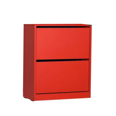 A red shoe cabinet with two drawers against a white background.