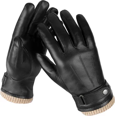 A pair of black leather gloves with tan knitted cuffs and adjustable straps.