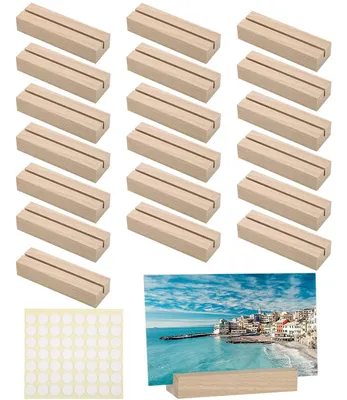 Produktbild von 20 Stück Kartenhalter aus Holz, Tischkartenhalter Holz mit doppelseitigem Kleber, Namensschild Fotohalter, Postkartenhalter für Restaurant und Party