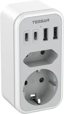 Produktbild von Verteilersteckdose für Steckdosen – 6-in-1-Steckdosenadapter mit 2 USB-C-Anschlüssen – Mehrfachsteckdose, 3600W – Grau