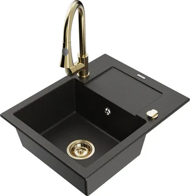 Produktbild von Mexen Enzo 1 Becken-Granitspüle mit Abtropffläche und Mischbatterie Elia, Schwarz/Gold metallisch - 6506-75-670101-50