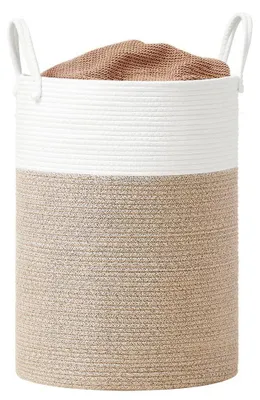 Image de Panier à linge de 80 litres pour enfants, en corde de coton | Blanc, gris et marron | 40 x 40 x 60 cm