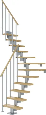 Produktbild von Dolle Mittelholmtreppe Dublin 1/4 gewendelt aus Ahorn lackiert 61 cm breit für GH 278–337 cm UK Metall Perlgrau mit Einzelstabgeländer