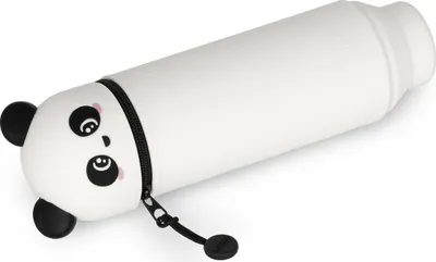 A white pencil case shaped like a panda is lying on a white surface.