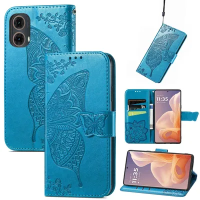 Produktbild von Für Motorola Moto G85 Kunstleder Wallet Handy Tasche Schmetterling Design Hülle Etuis Blau